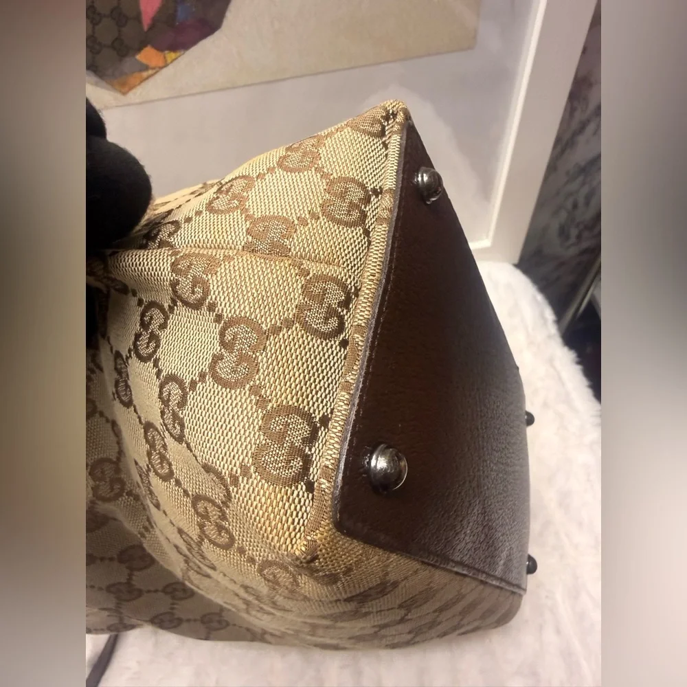 GUCCI-120836 002058 Beige Monogram Canvas Tote with Brown Leather Handle - Picture 13 of 14